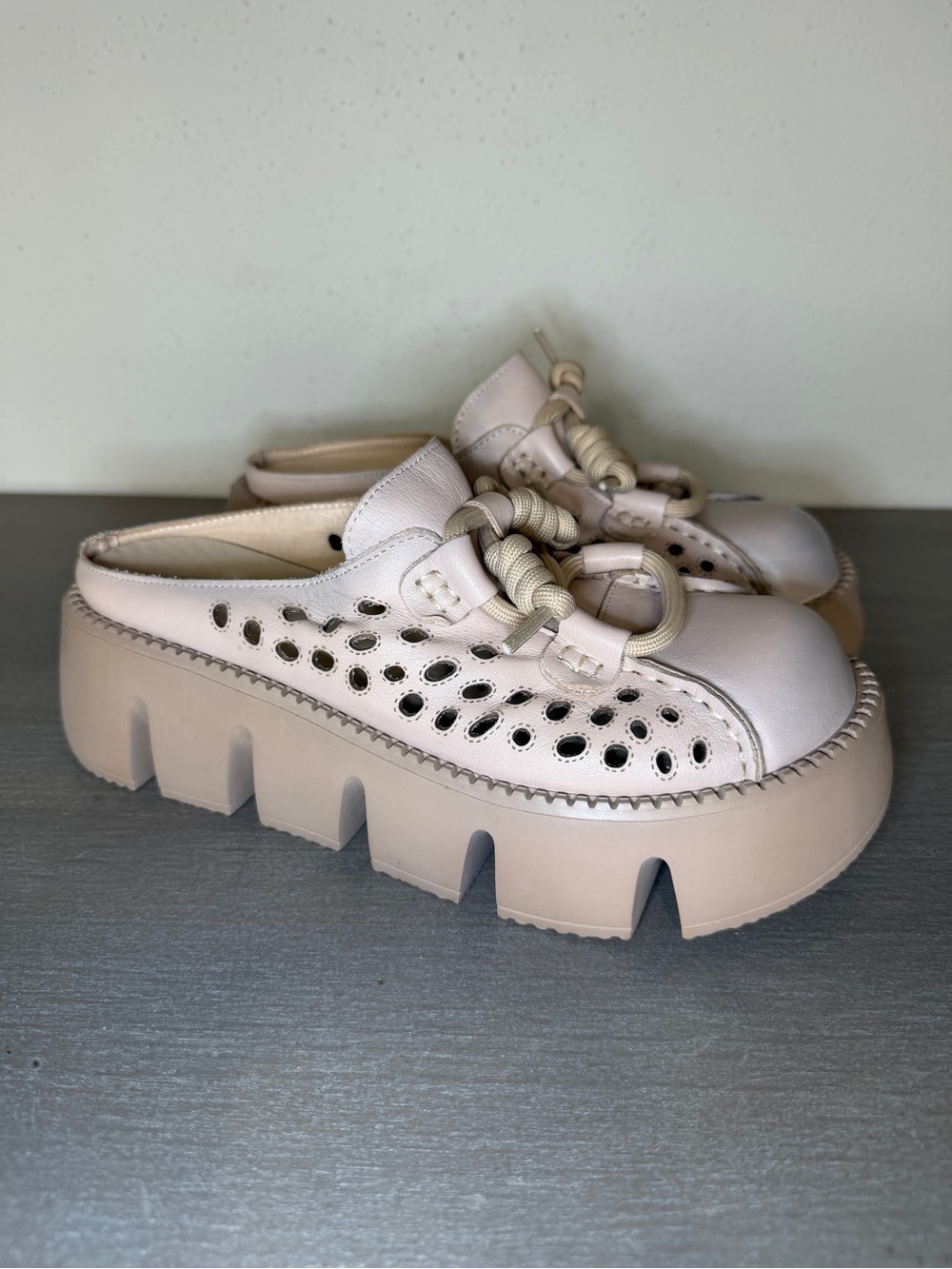 Beige Laser Cut Platform Mules Chunky Rubber Sole Trendy Slip-On Comfort Shoes